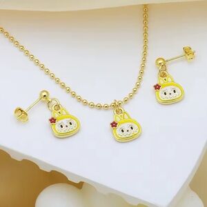 Gold Tone The Monsters Labubu Yellow Head Flower Necklace & Earrings Set